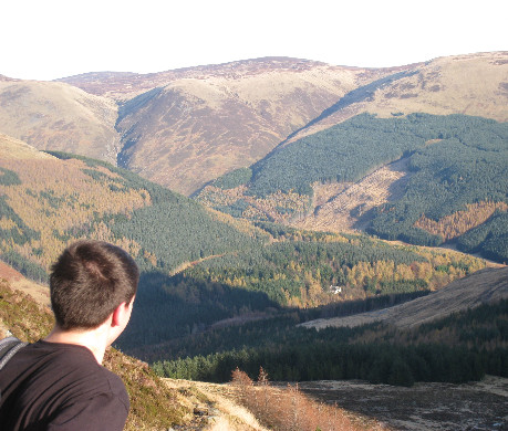 Looking out across Glen Clova, with forestry and hills